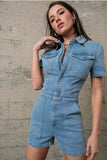 Denim Front Pocket Romper - Greige Goods