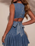 Pleated Tie Back Denim Dress
