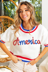 Metallic Letter America Sweater - Greige Goods