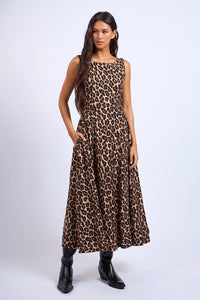 Cheetah U-Shape Boat Neck Midi Dress