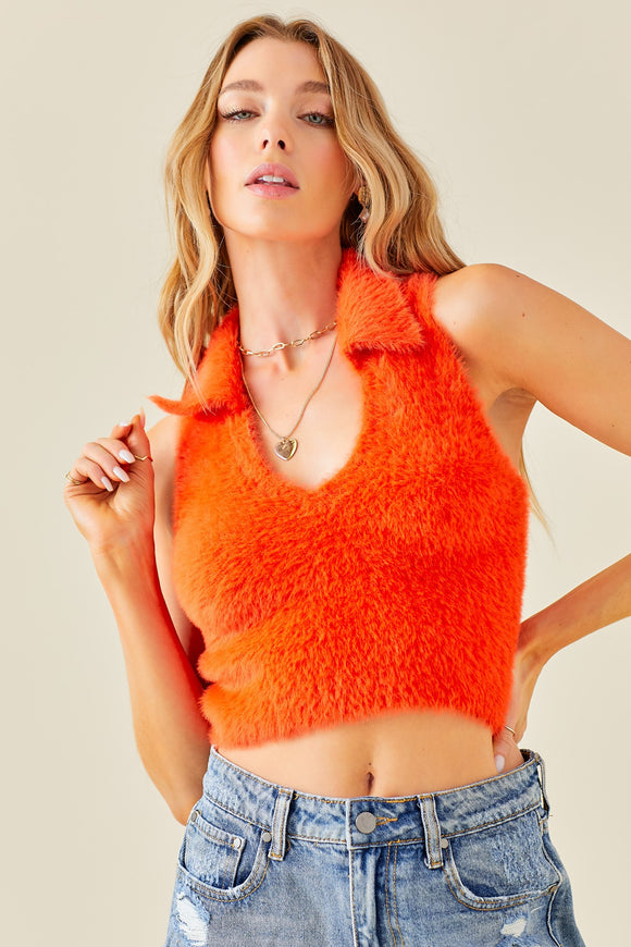 Fuzzy Collared Crop Sweater - Greige Goods