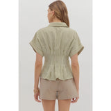 Stripe Front Pleat Top - Greige Goods