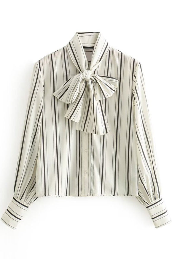 Striped Bow Tie Blouse - Greige Goods