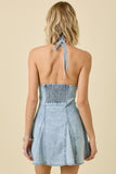 V Neck Halter Denim Mini Dress - Greige Goods