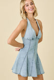V Neck Halter Denim Mini Dress - Greige Goods