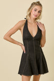 V Neck Halter Denim Mini Dress - Greige Goods