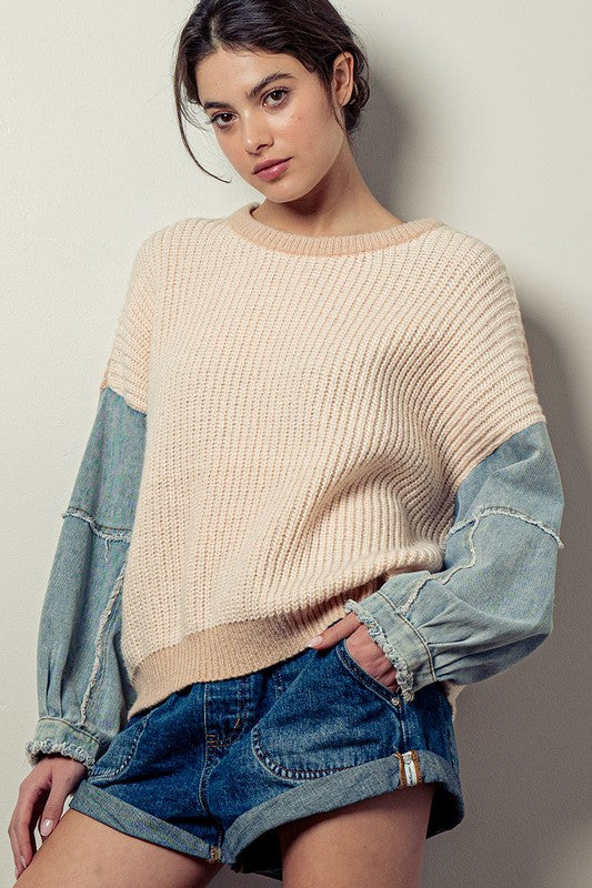 Denim Sleeve Two Tone Knit Sweater