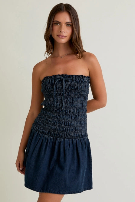 Smocked Denim Tube Dress