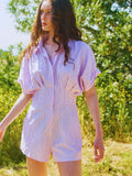 Stripe Print Pleated Romper - Greige Goods