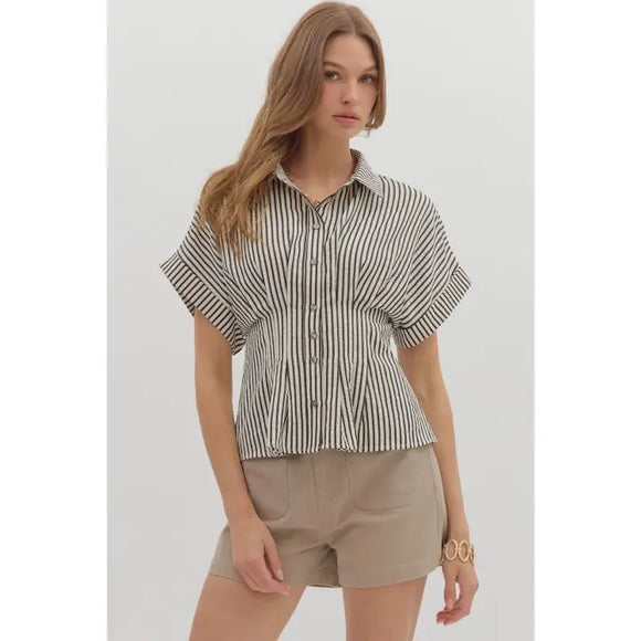 Stripe Front Pleat Top - Greige Goods