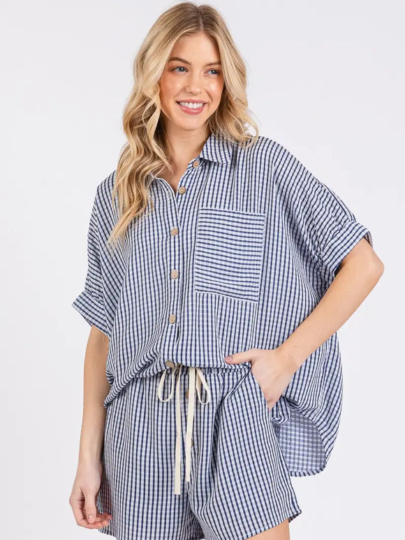 Checker Button Down Shorts Set