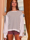 Hi-Low Hem Stripe Terry Top - Greige Goods