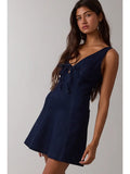 Denim V-Neck Front Tie Mini Dress - Greige Goods