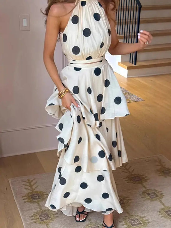 Polka Dot Halter Ruffle Maxi