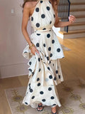 Polka Dot Halter Ruffle Maxi
