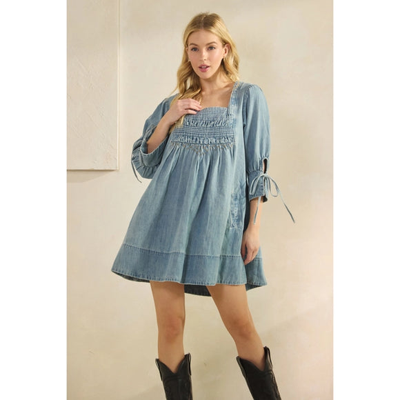 Denim Smocked Babydoll Mini