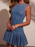 Pleated Tie Back Denim Dress