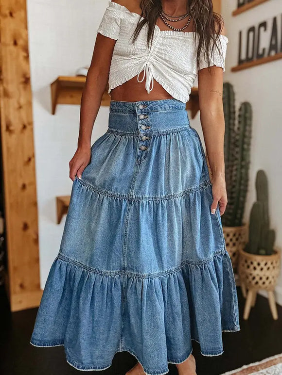 Tiered Button Front Denim Skirt