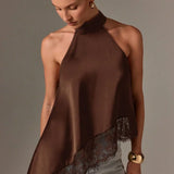 Satin Halter Neck Asymmetrical Top - Greige Goods