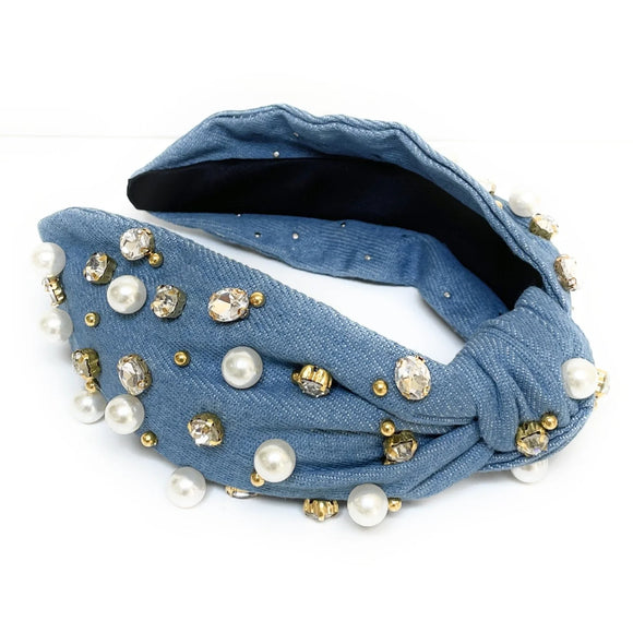 Pearly Denim Knot Jeweled Headband - Greige Goods