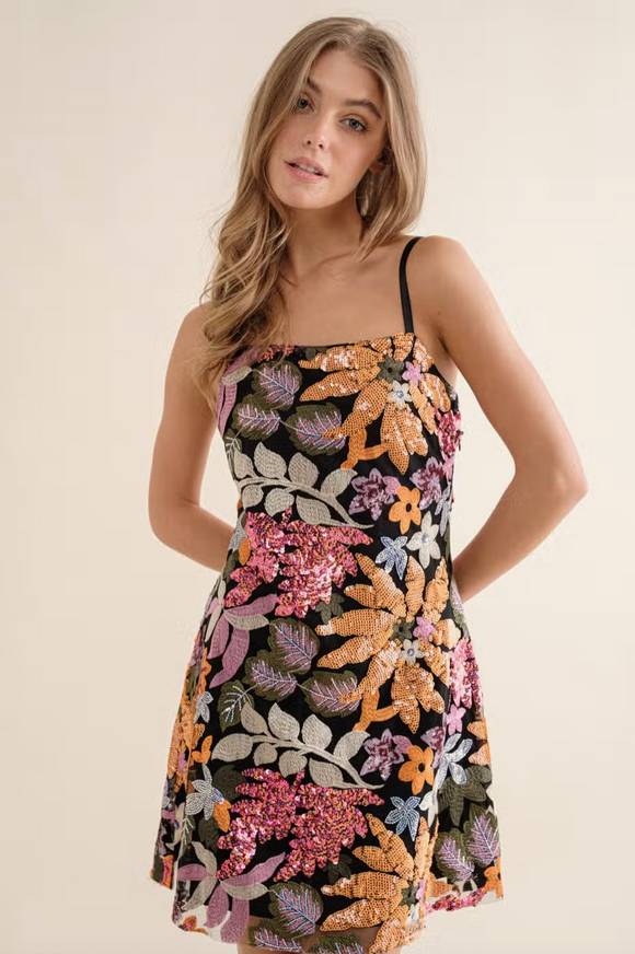 Sequin Embellished Floral Dress - Greige Goods