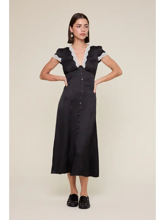 Satin Lace Trim Midi Dress