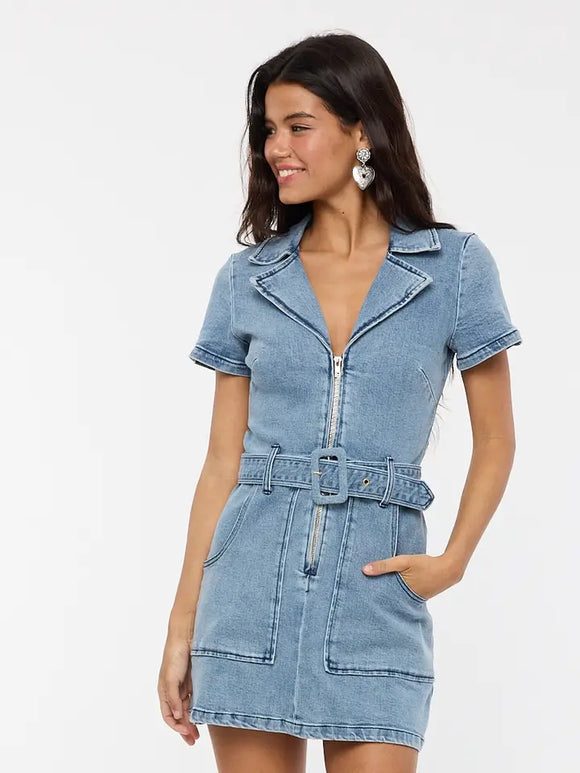 Belted Denim Collared Mini