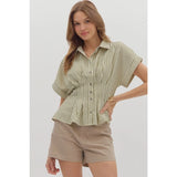 Stripe Front Pleat Top - Greige Goods