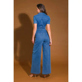 Collared Zip Up Denim Jumpsuit