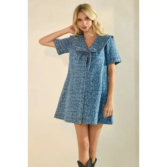 Collared Leopard Denim Mini