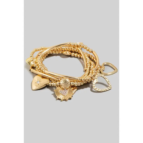 Intricate Heart Charms Layered Bracelet Set