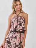 Floral Print Paneled Detail Halter Crop Top