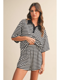 Striped Collared Short Sleeve Top and Shorts Set - Greige Goods