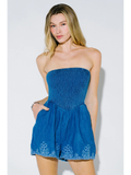 Denim Embroidery Smocked Tube Romper - Greige Goods