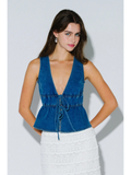Denim Front Tie Sleeveless Peplum Top - Greige Goods