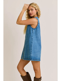 Sleeveless Round Neck Button Down Denim Mini Dress - Greige Goods