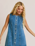 Sleeveless Round Neck Button Down Denim Mini Dress - Greige Goods