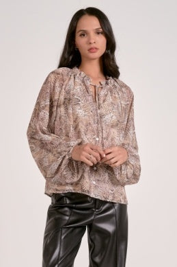 LS Flowy Tie Front Blouse - Greige Goods
