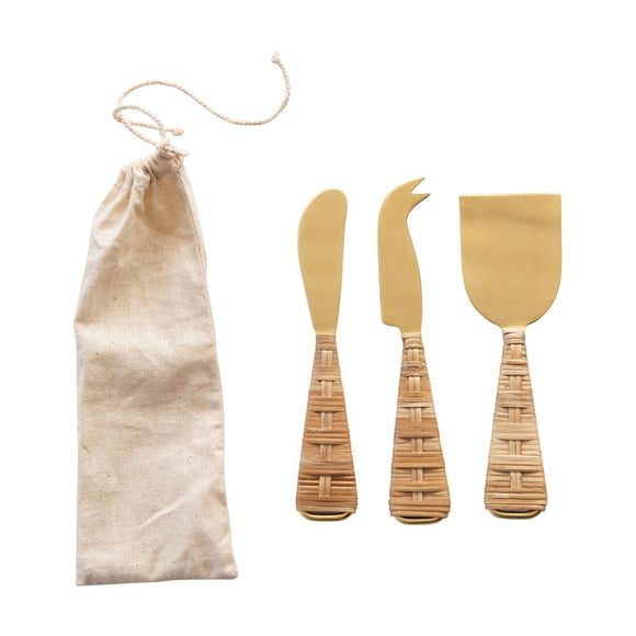 Rattan & Gold Cheese Knife Set - Greige Goods